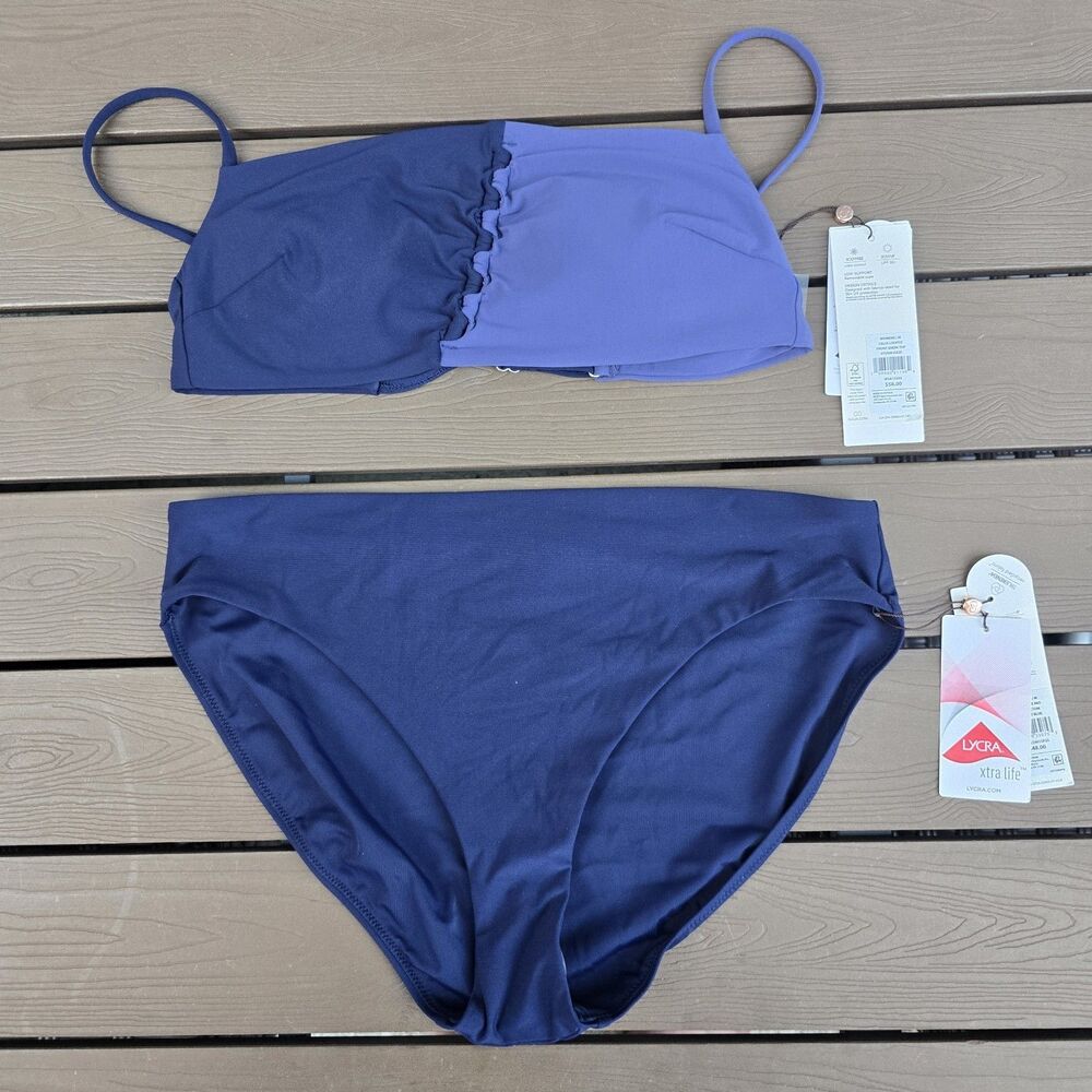 CALIA Women Storm Haze Looped Front Bikini Top & Mid Rise Blue Bikini Sz M New